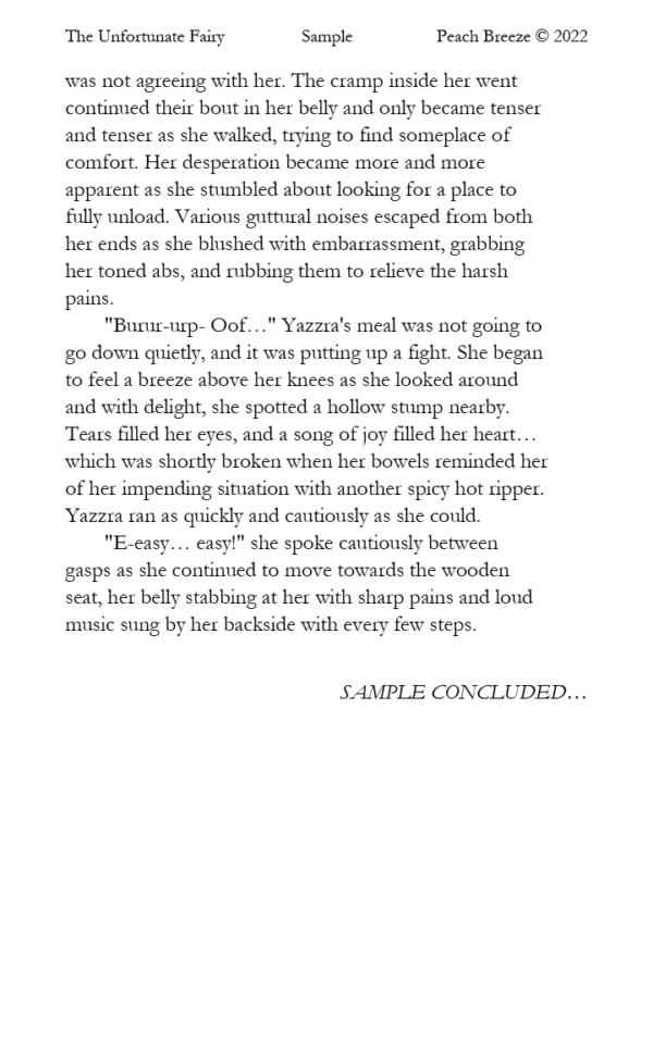 Sample page 2 of The Unfortunate Fairy, showing Violet Bellflower resting in a hollow stump, unaware of the impending danger