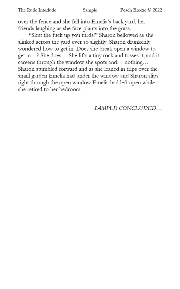 Sample page 2 of Rude Interlude, showing Emelia Huggins and Sharon in a heated interaction as Sharon stumbles into Emelia's home