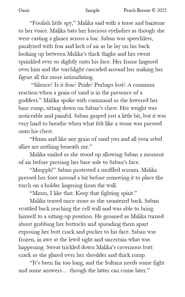 Sample page 1 of Oasis, showing Jaghir Saban in captivity, confronting Sultana Malika Khamarbir in the desert kingdom of Abraby.