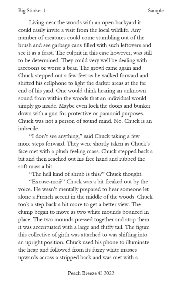 Sample page 1 of Big Stinker, showing Chuck discovering the mess left by an animal rummaging through his garbage.