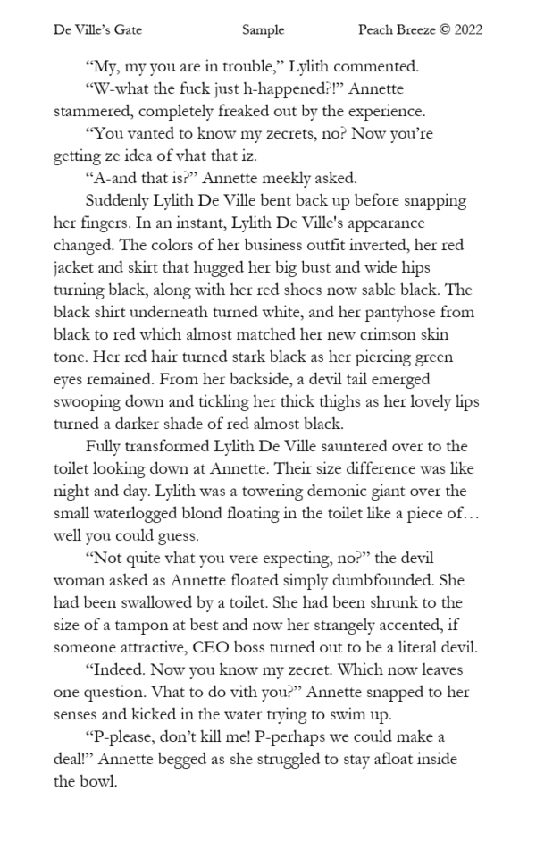 Sample page 1 of De Ville’s Gate, showing Annette Bouchard on her covert mission, with a glimpse of the mysterious CEO Lylith De Ville.
