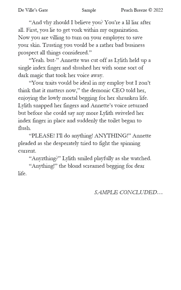 Sample page 2 of De Ville’s Gate, showing Annette Bouchard on her covert mission, with a glimpse of the mysterious CEO Lylith De Ville.