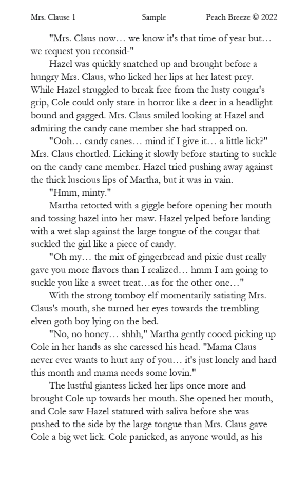 Sample page 1 of Mrs. Clause 1, showing Mrs. Clause preparing for her secret fun as the elves realize what’s about to happen.