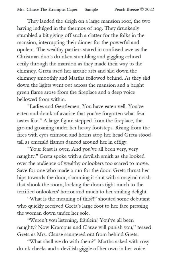 Sample page 1 of Mrs. Clause 2, featuring Mrs. Clause and Greta van Spankja preparing for a mischievous Christmas Eve adventure.