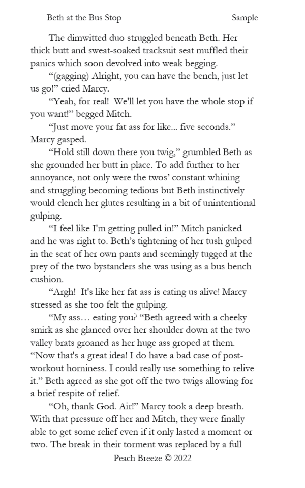 Sample page from Beth at the Bus Stop, showcasing Beth Poole arriving at the bus stop after her jog, facing two uncooperative strangers.