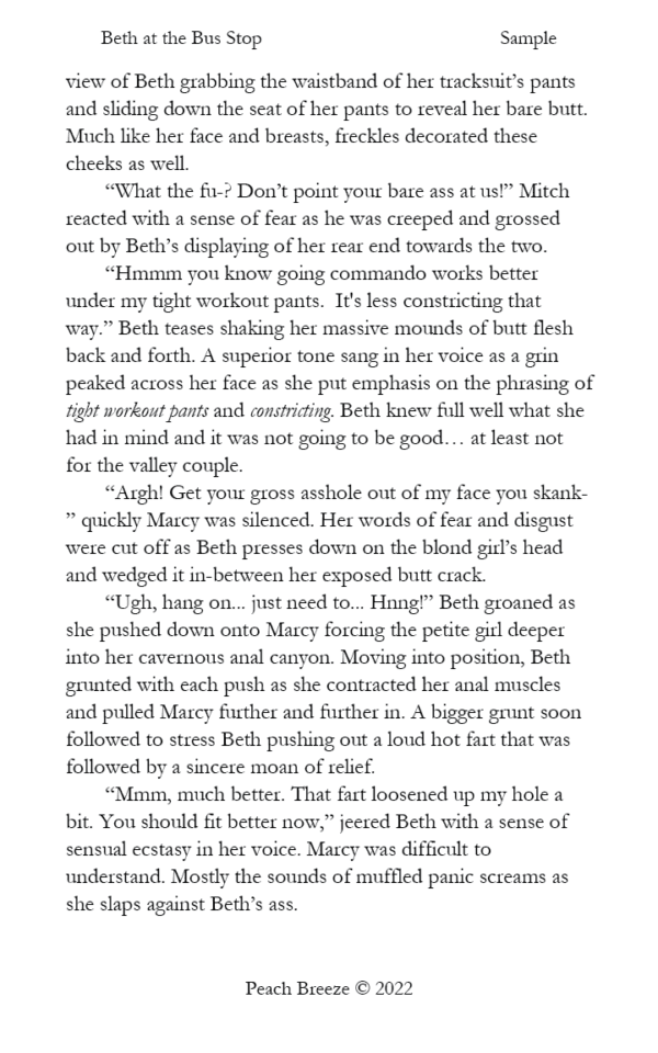 Sample page from Beth at the Bus Stop, showcasing Beth Poole arriving at the bus stop after her jog, facing two uncooperative strangers.
